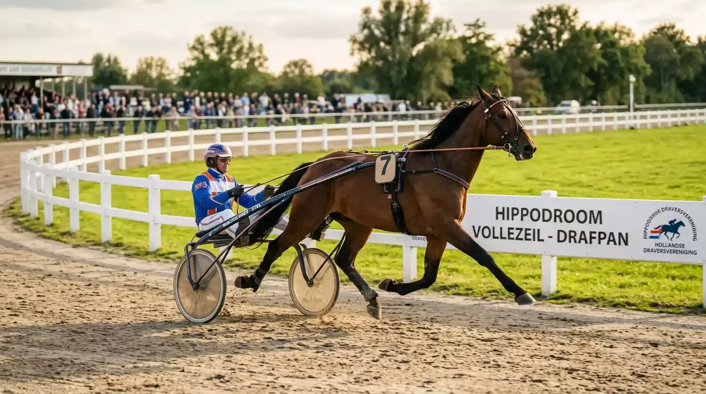 Draverij in Nederland met sulky en pikeur op de drafbaan