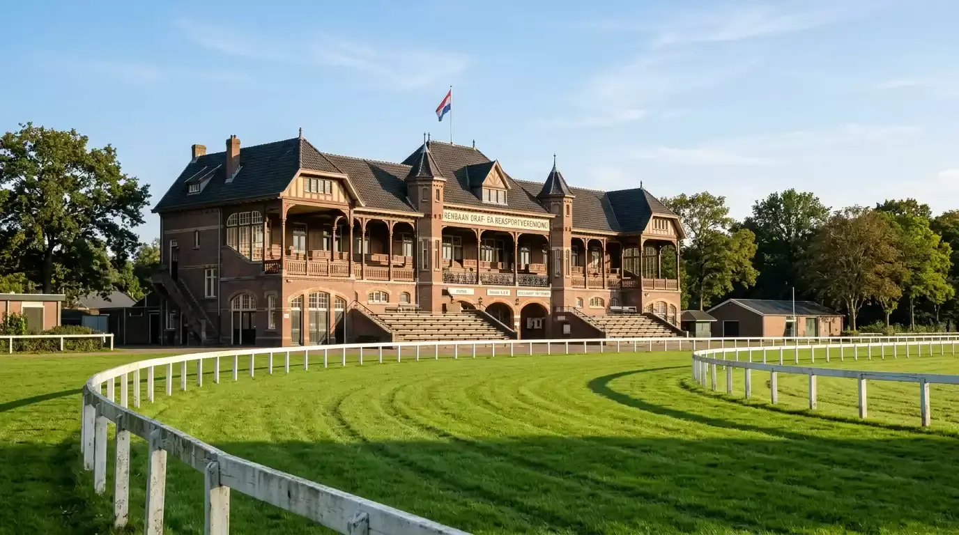 Renbaan Duindigt in Wassenaar met paardenraces en publiek langs de baan
