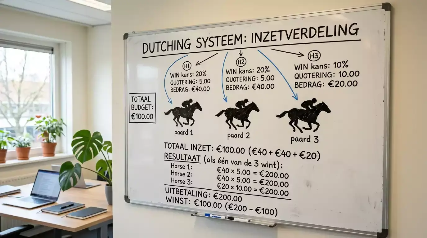 Dutching strategie toegepast op een paardenrace met verdeelde inzetten