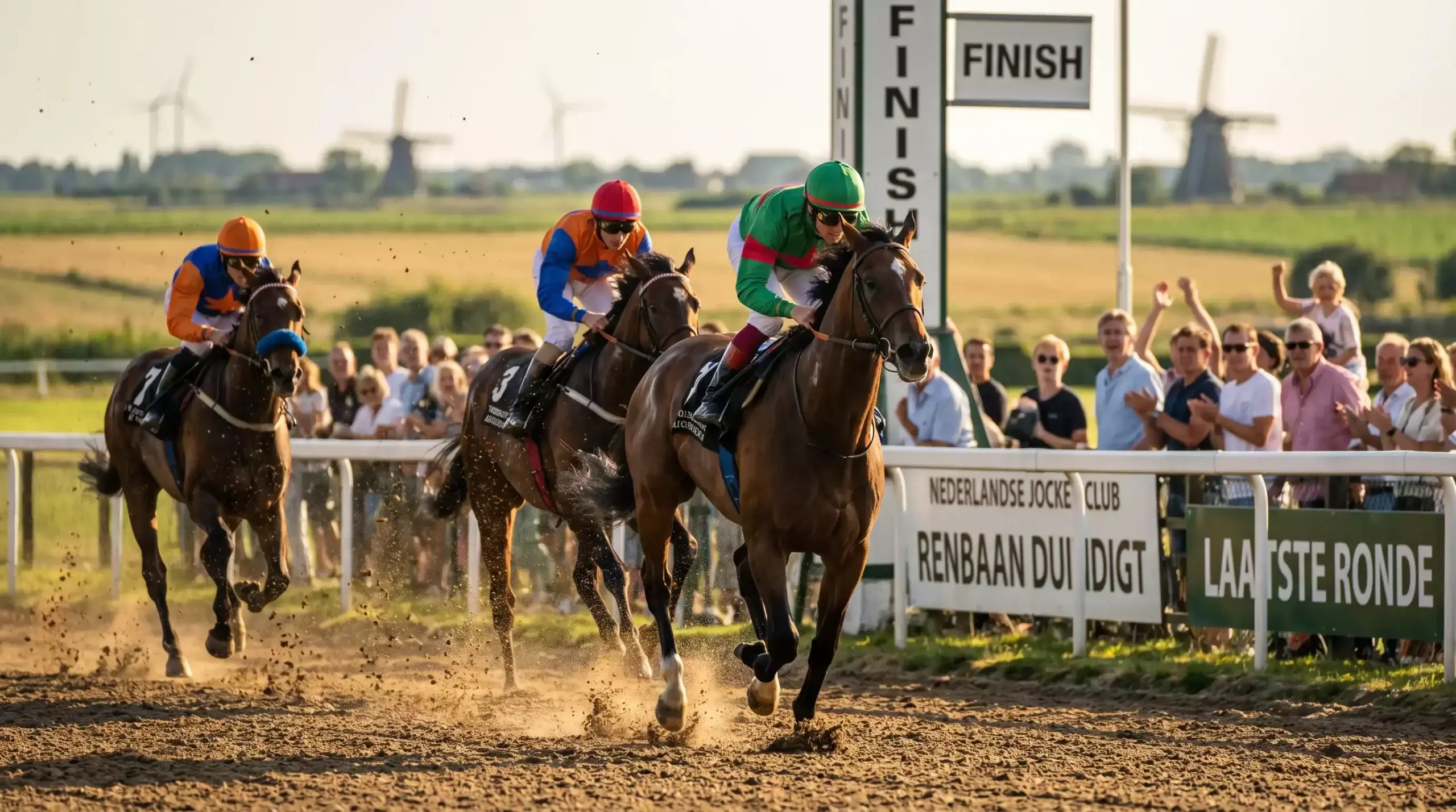 Paardenrace op een Nederlandse renbaan met publiek langs de baan