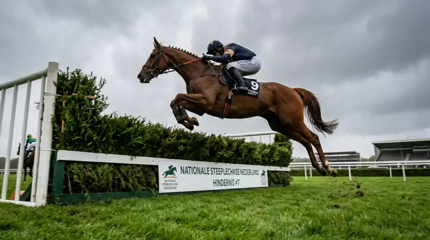 Paarden die hindernissen nemen tijdens een steeplechase race