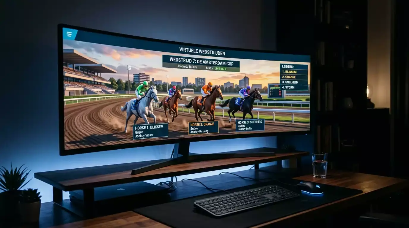 Schermweergave van een virtuele paardenrace met geanimeerde paarden