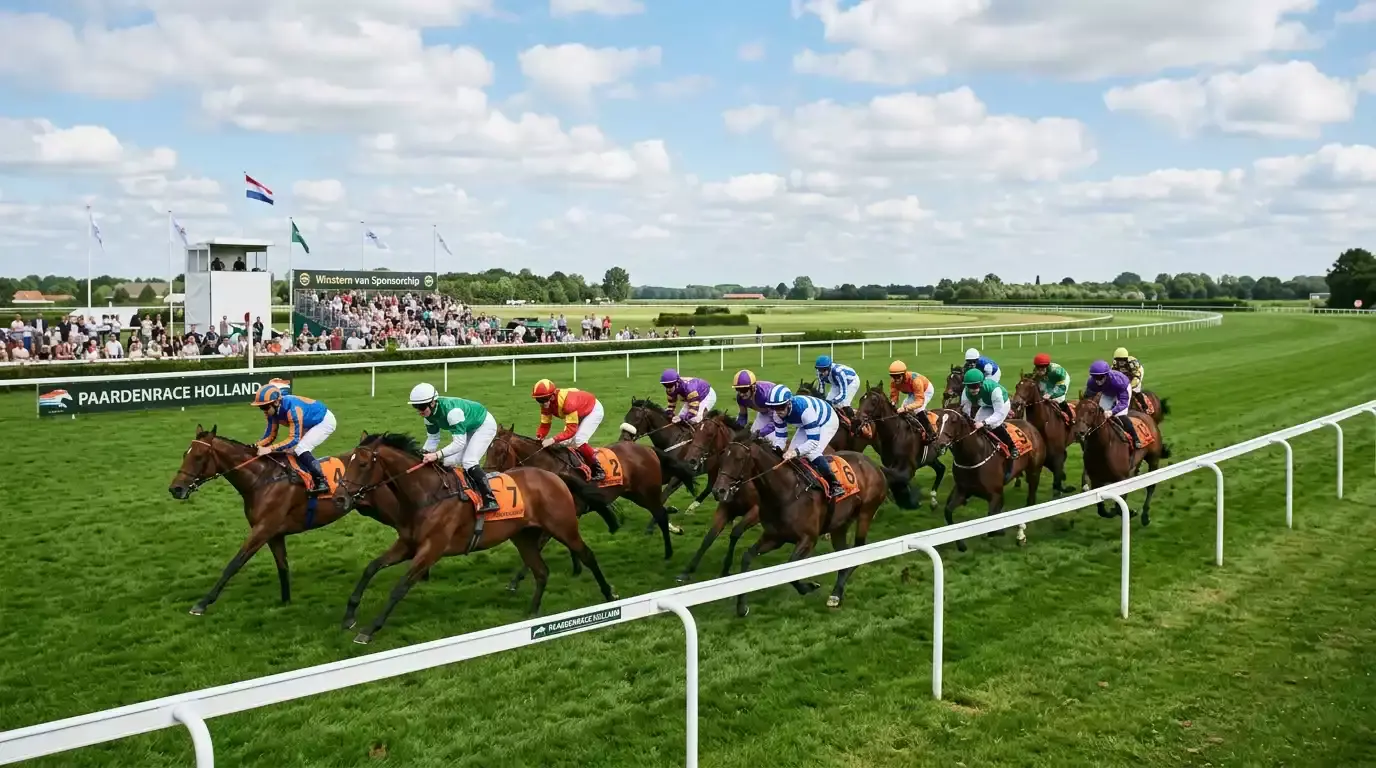 Galopperende paarden op een vlakke renbaan tijdens een flat race